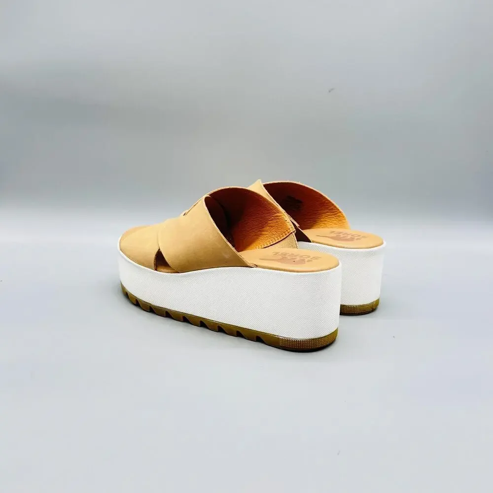 Sorel Sandals Womens 6 Beige Leather Cameron Flatform Mule Wedge Slip On Shoes - Picture 5 of 10